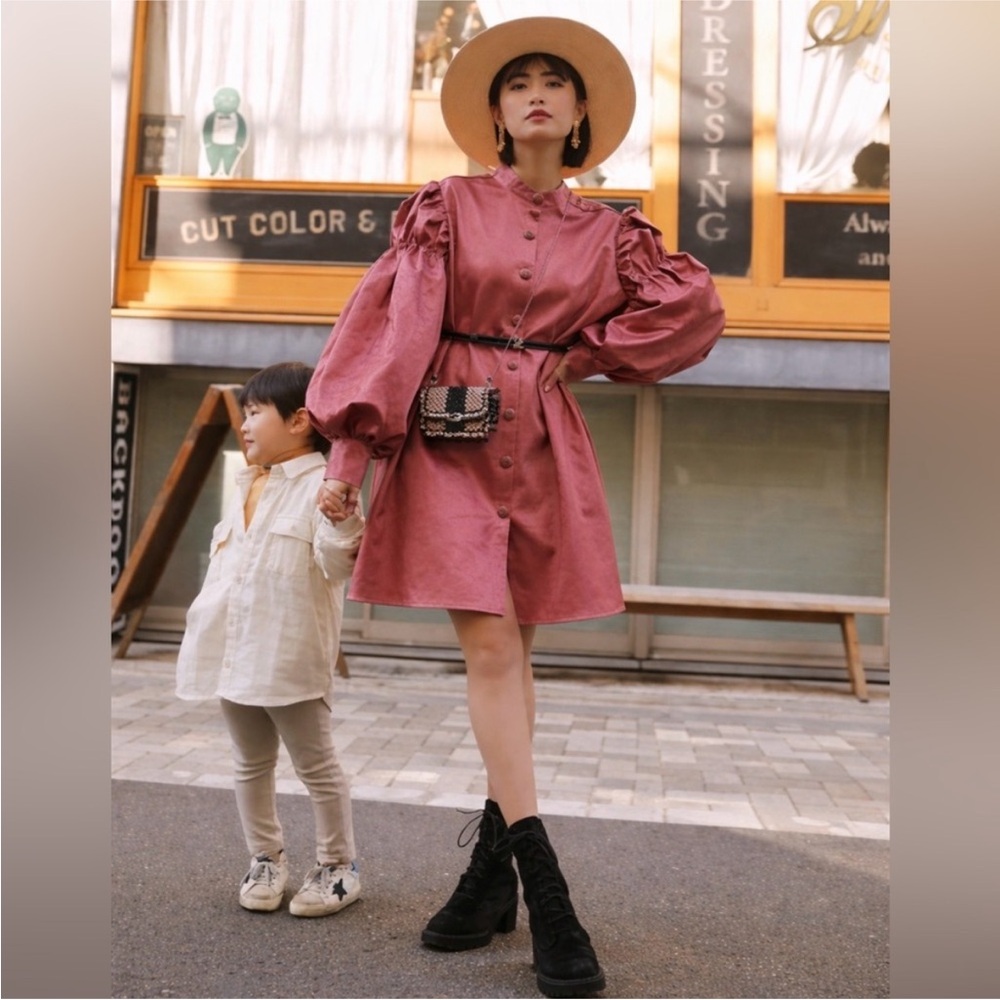 GHOSPELL Pink Button Up Dress Puff Slevees Ties Cottagecore Statement Sleeves